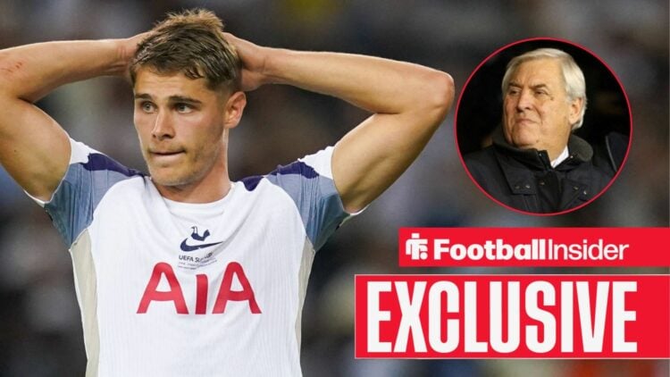 Tottenham defender Micky van de Ven alongside a circular inset of Keith Hackett