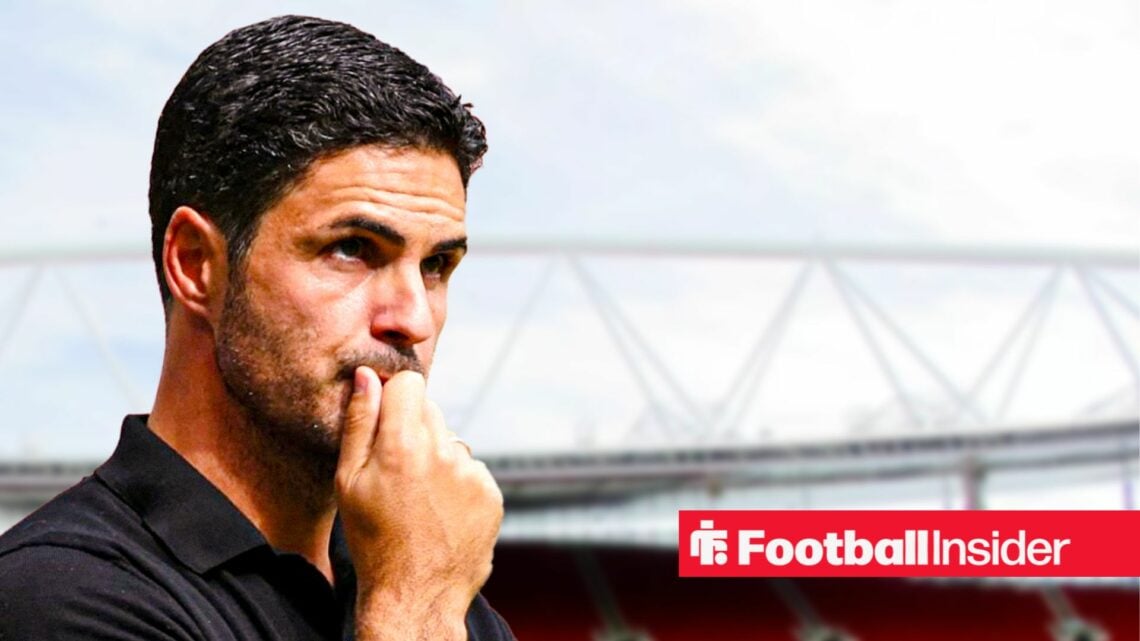 Arsenal manager Mikel Arteta against a back drop of Emirates Stadium