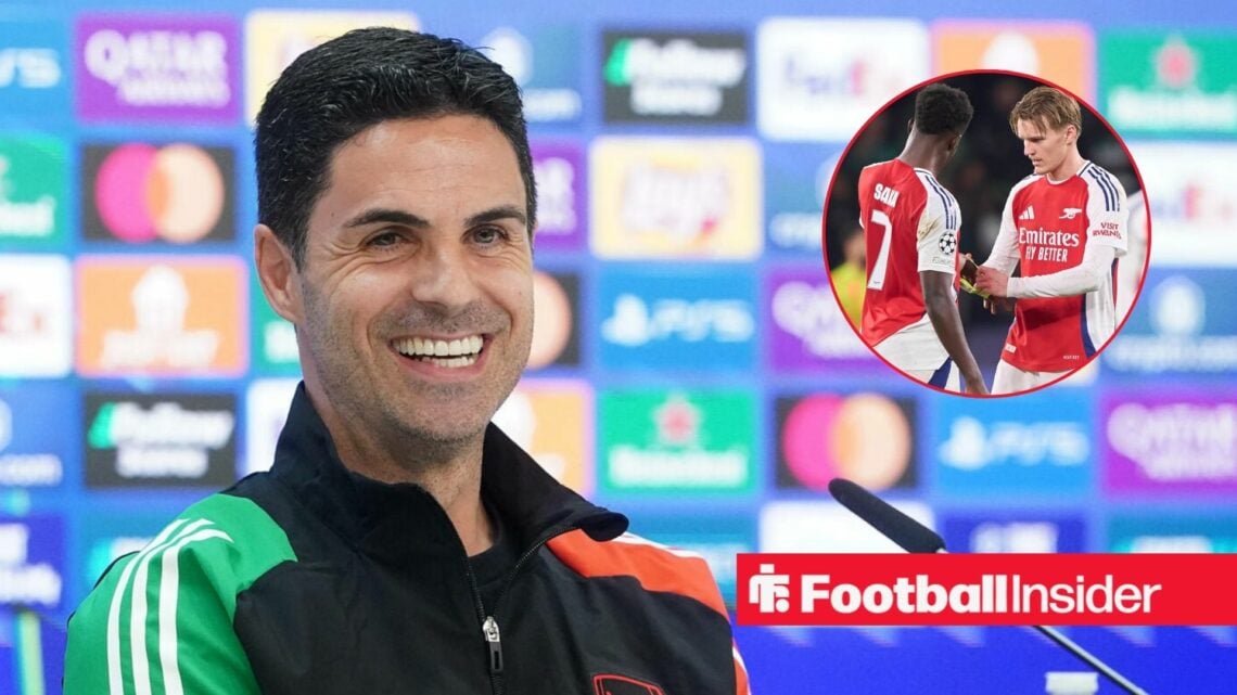 Mikel Arteta in a press conference for Arsenal, with Martin Odegaard and Bukayo Saka in a circular inset