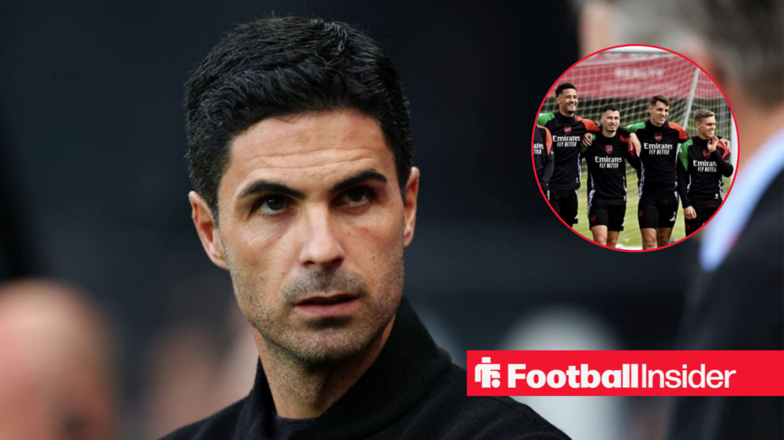 Mikel Arteta on the sidelines with the Arsenal squad in a circular inset