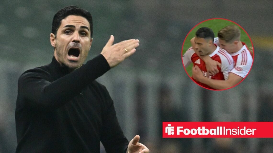 Mikel Arteta shouting on the sidelines, Arsenal players celebrating in a circular inset