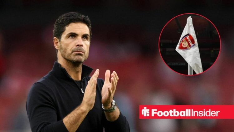 Mikel Arteta in a black shirt alongside an image of an Arsenal corner flag in a circular frame