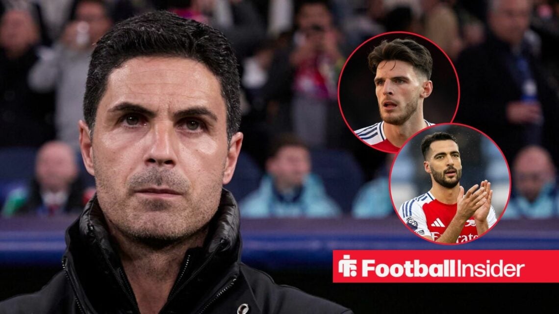 Mikel Arteta looking on with Declan Rice and Mikel Merino insets