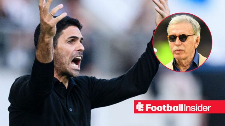 Mikel Arteta looking angry with Stan Kroenke included in a circular inset