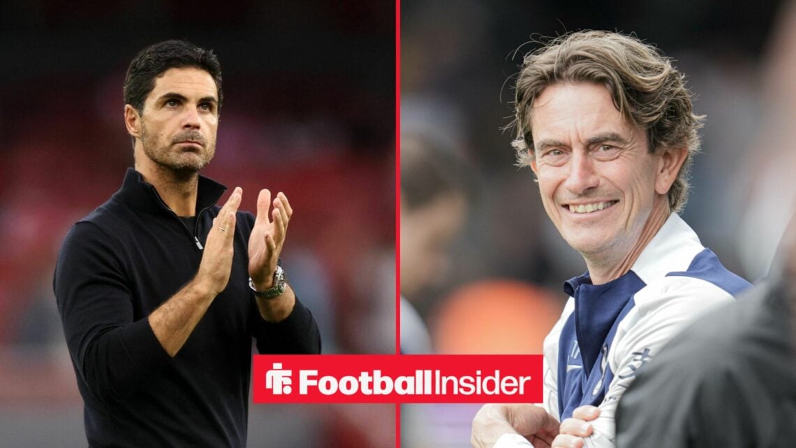 Mikel Arteta applauding with Thomas Frank smiling in split screen