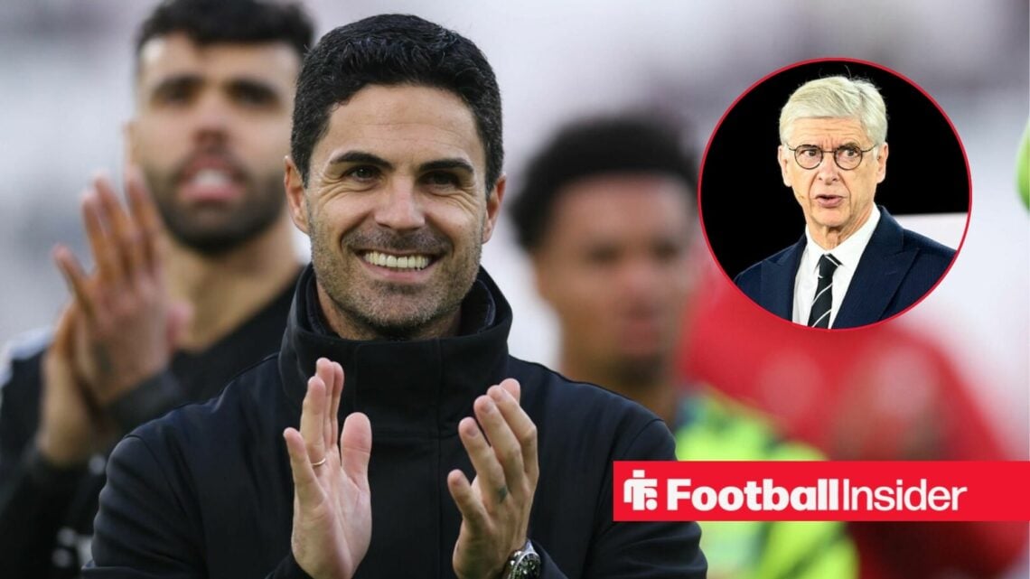 Arsenal manager Mikel Arteta alongside a circular inset of Arsene Wenger