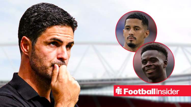 Mikel Arteta thinking against a backdrop of Emirates Stadium alongside circular insets of Bukayo Saka and William Saliba