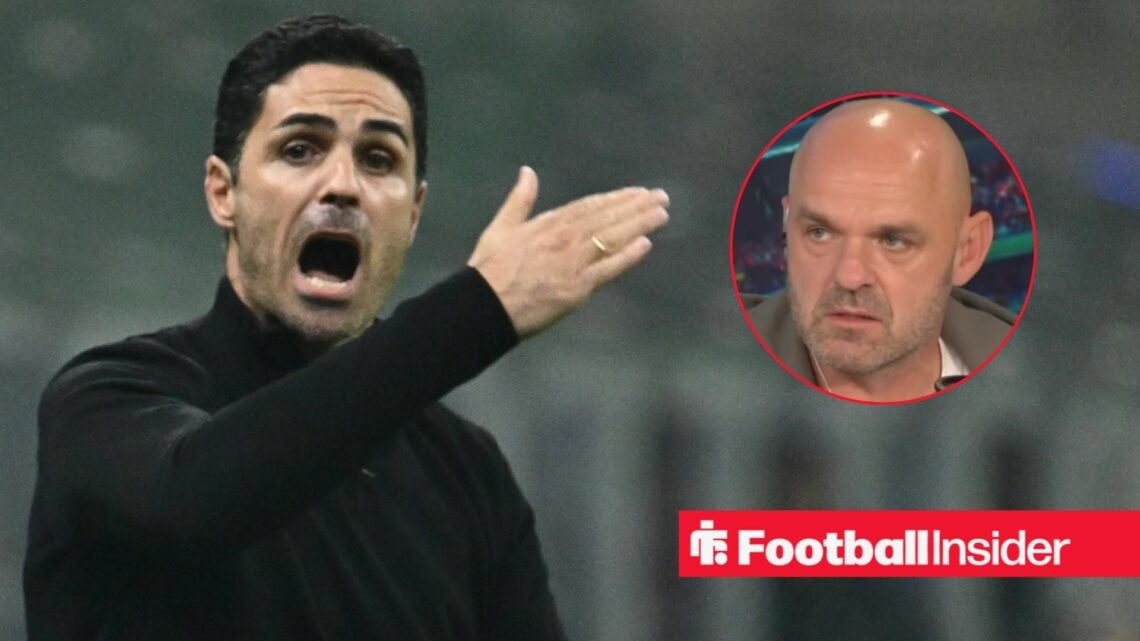 Arsenal manager Mikel Arteta gesturing on sidelines with Danny Murphy in talksport studio right inset