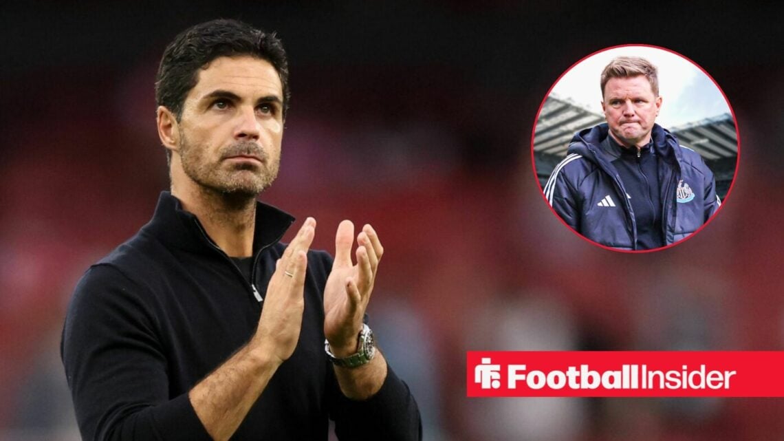 Arsenal boss Mikel Arteta applauding next to an image of Newcastle boss Eddie Howe in a circular frame