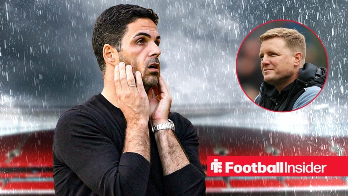 Arsenal manager Mikel Arteta looking concerned against a back drop of a gloomy Emirates Stadium alongside a circular inset of Newcastle manager Edd...