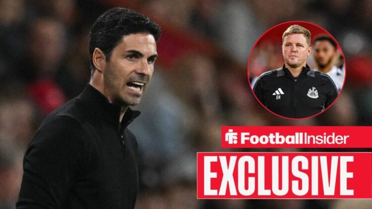 Mikel Arteta shouting on the sidelines, Eddie Howe in a circular inset