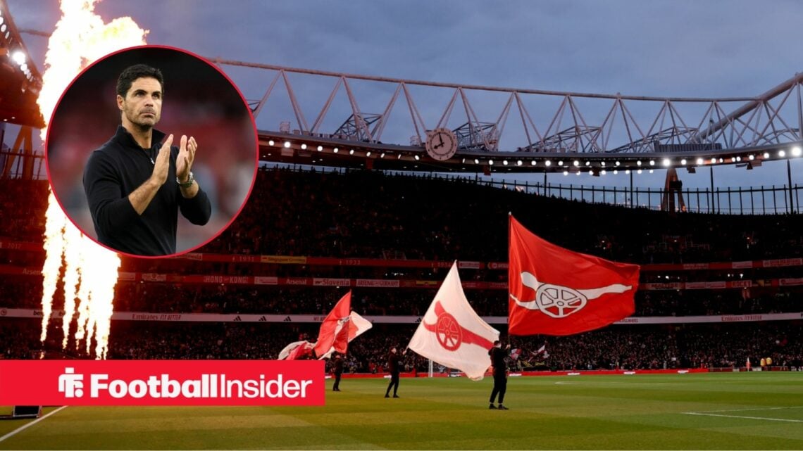 Arsenal boss Mikel Arteta in a circular frame within an image of the Emirates Stadium