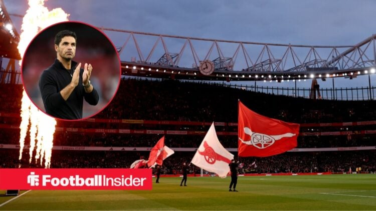 Arsenal boss Mikel Arteta in a circular frame within an image of the Emirates Stadium