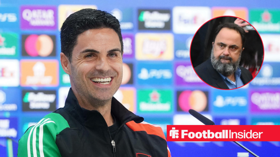 Mikel Arteta smiling in a press conference, with Evangelos Marinakis in a circular inset
