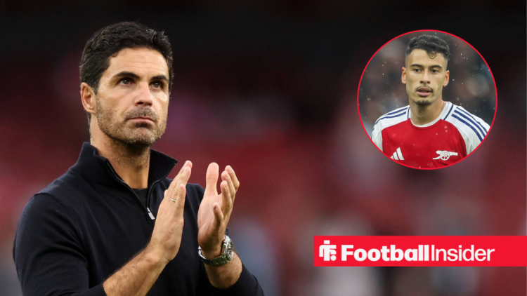Arsenal manager Mikel Arteta alongside Arsenal winger Gabriel Martinelli