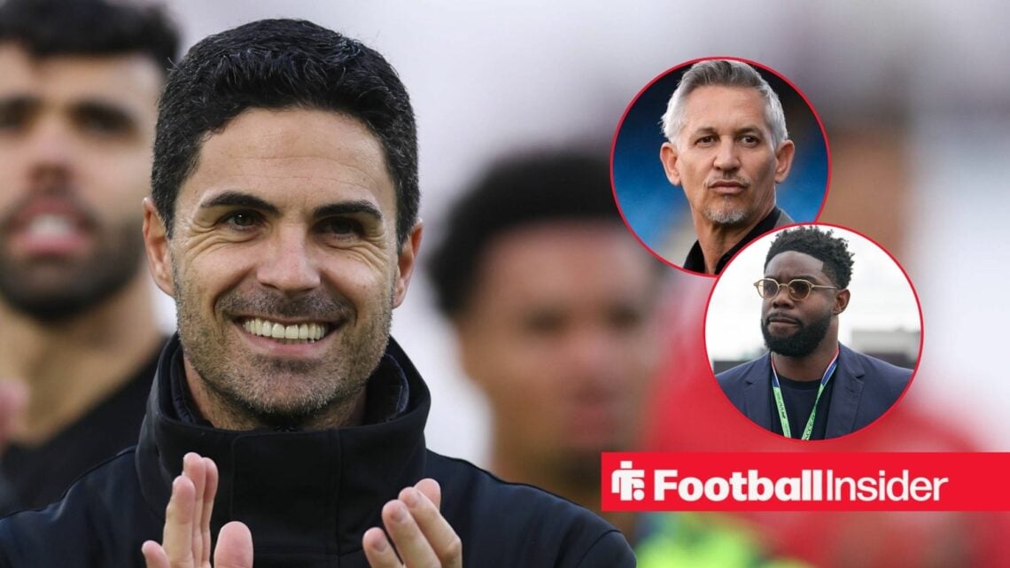 Mikel Arteta clapping with Gary Lineker and Micah Richards in insets