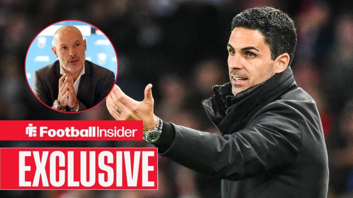 Mikel Arteta on the Arsenal sidelines, Howard Webb in a circular inset