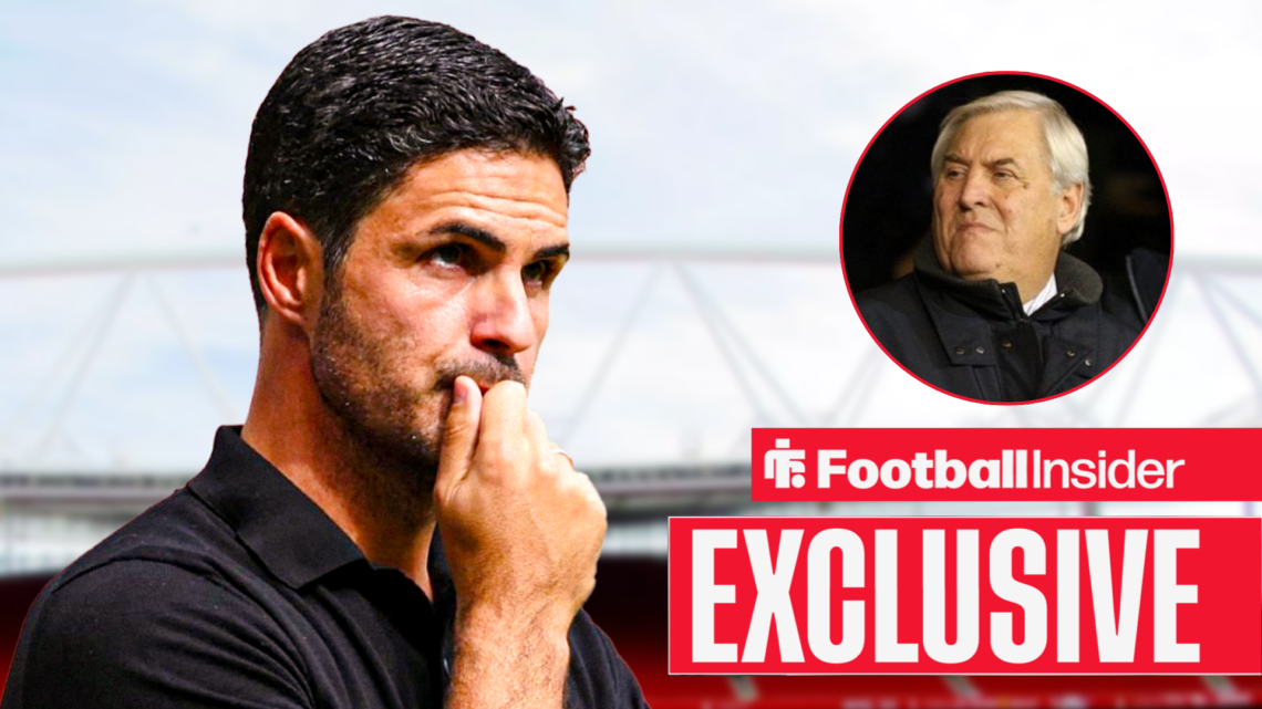 Mikel Arteta thinking on the sidelines, Keith Hackett in a circular inset