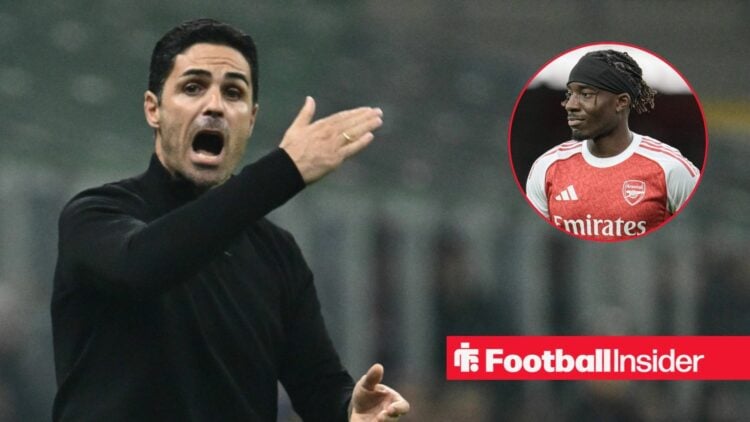 Arsenal manager Mikel Arteta gesturing on sidelines with Noni Madueke inset