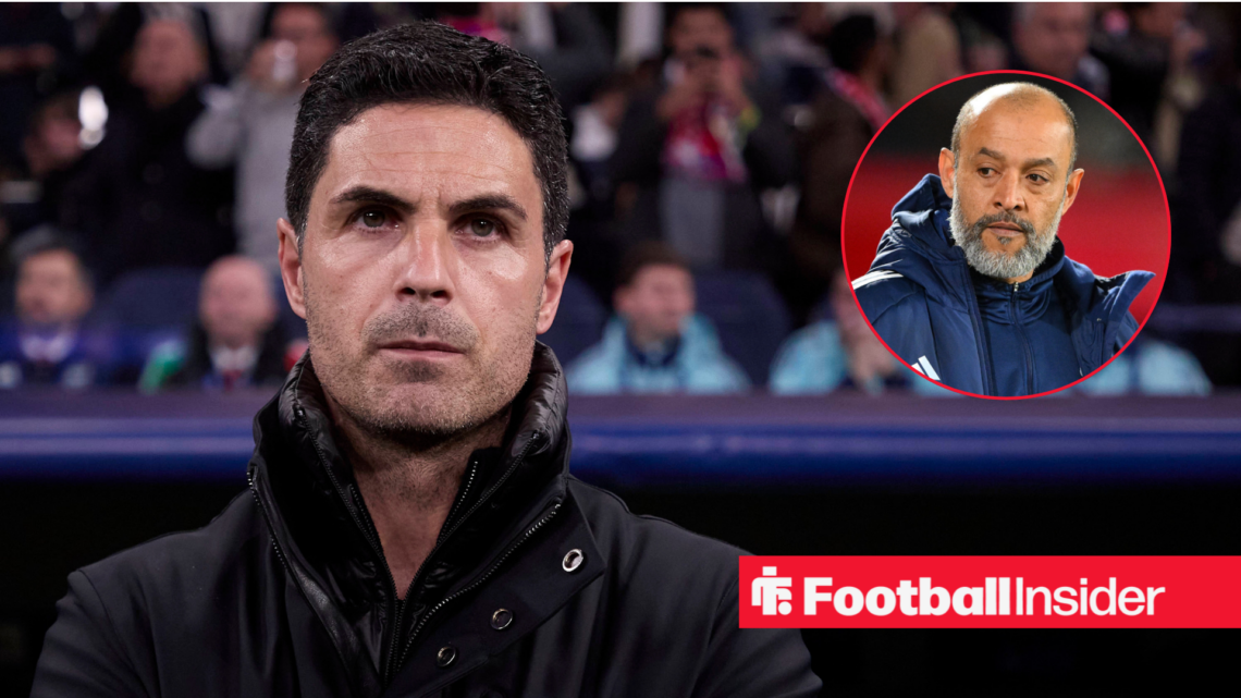 Mikel Arteta on the sidelines, Nuno Espirito Santo in a circular inset