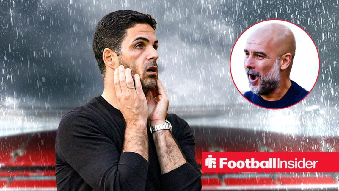 Arsenal manager Mikel Arteta at a gloomy Emirates Stadium alongside a circular inset of Man City manager Pep Guardiola