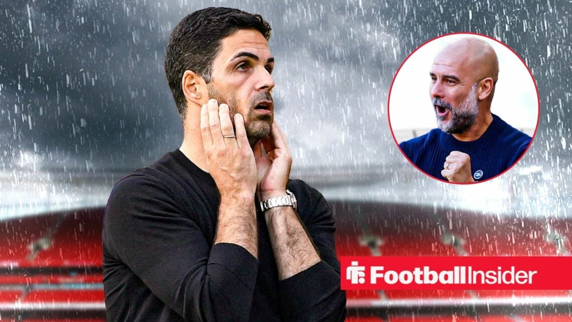 Arsenal manager Mikel Arteta with hands on his face against a gloomy backdrop of Emirates Stadium alongside a circular inset of Pep Guardiola