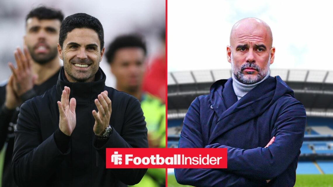 Mikel Arteta applauding his players, and Pep Guardiola with his arms crossed