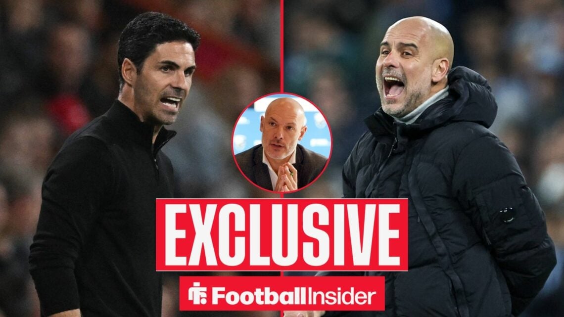 Mikel Arteta and Pep Guardiola shouting, Howard Webb in a circular inset
