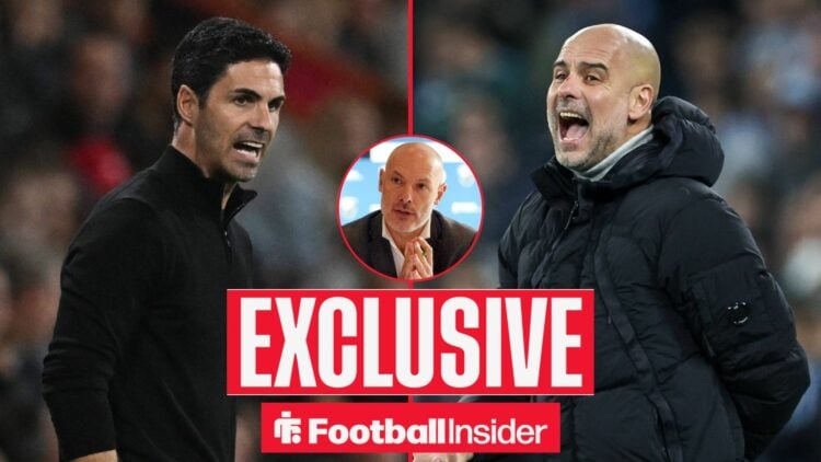 Mikel Arteta and Pep Guardiola shouting, Howard Webb in a circular inset