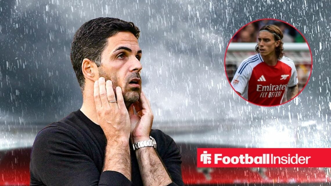 Mikel Arteta looking concerned alongside an image of Riccardo Calafiori in a circular frame