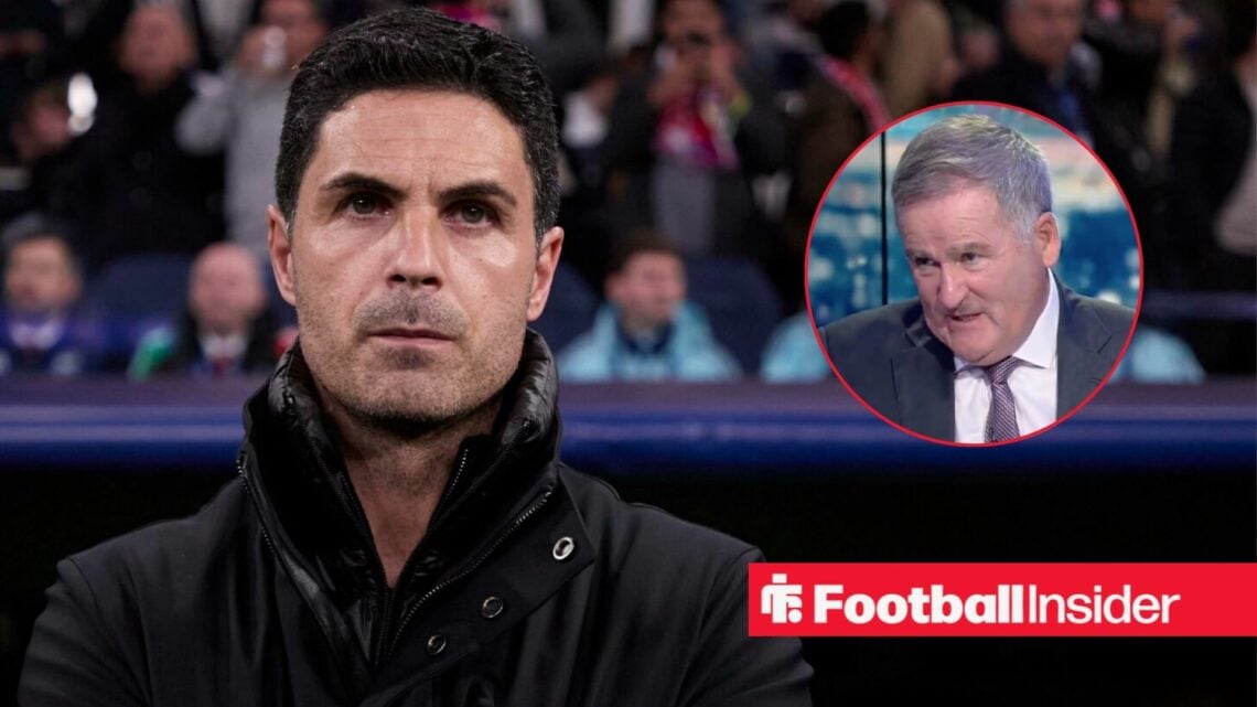 Arsenal manager Mikel Arteta stares ahead from touchline with pundit Richard Keys looking at him right inset