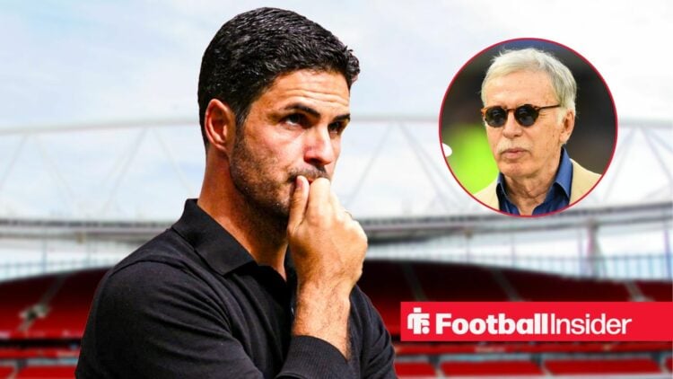 Mikel Arteta looking concerned with Stan Kroenke included in a circular inset