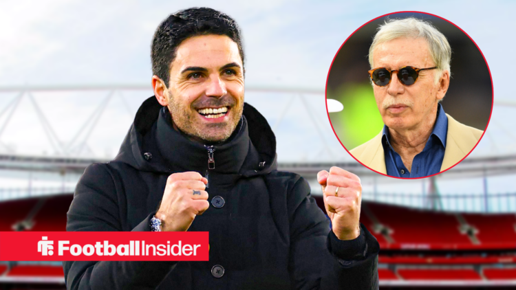 Mikel Arteta looking happy with Stan Kroenke included in a circular inset