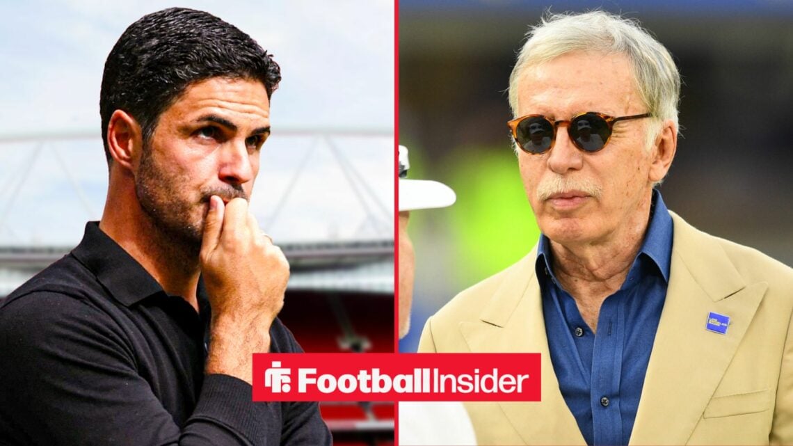 Mikel Arteta looking concerned alongside Stan Kroenke wearing sunglasses