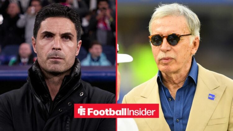 Mikel Arteta looking serious alongside Stan Kroenke in a yellow suit and sunglasses