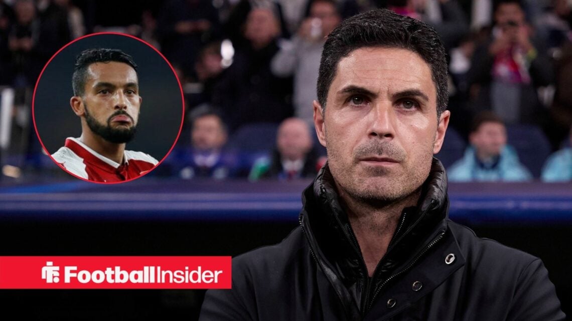 Arsenal manager Mikel Arteta alongside a circular inset of Theo Walcott