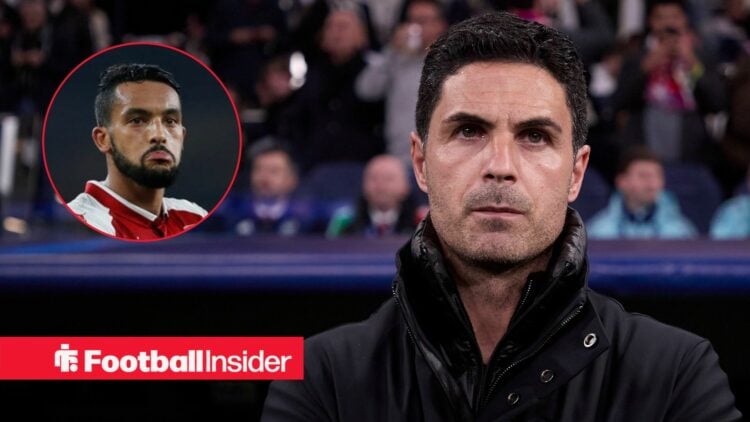 Arsenal manager Mikel Arteta alongside a circular inset of Theo Walcott
