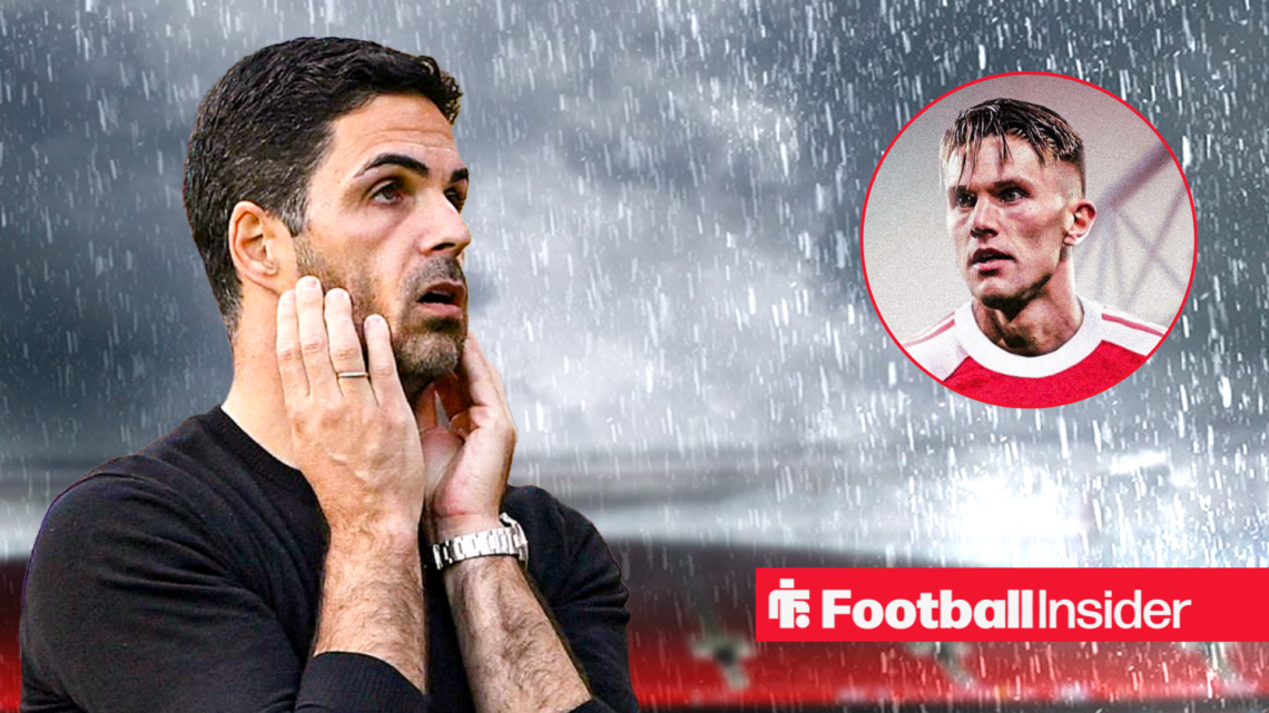 Mikel Arteta against the backdrop of Emirates Stadium alongside a circular inset of Viktor Gyokeres