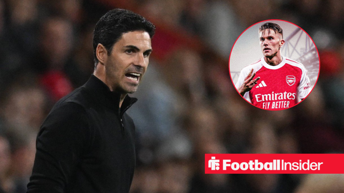 Mikel Arteta shouting on the touchline, Viktor Gyokeres in a circular inset