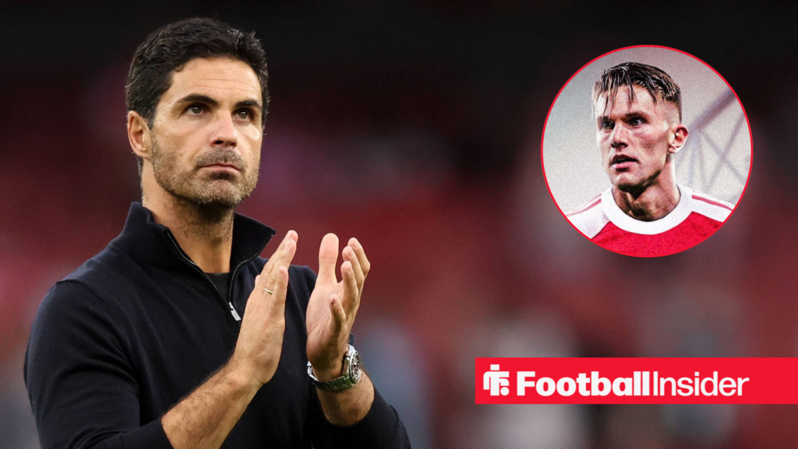 Arsenal manager Mikel Arteta, alongside a circular inset of Arsenal striker Viktor Gyokeres
