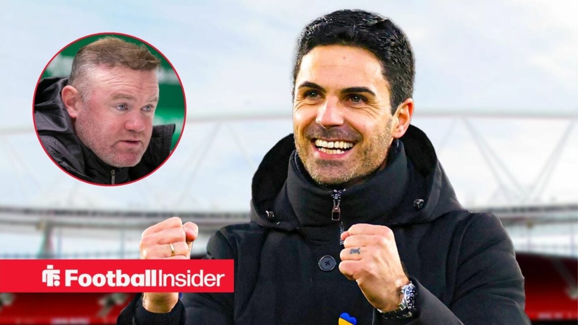 Arsenal manager Mikel Arteta happy against a backdrop of Emirates Stadium alongside a circular inset of Wayne Rooney
