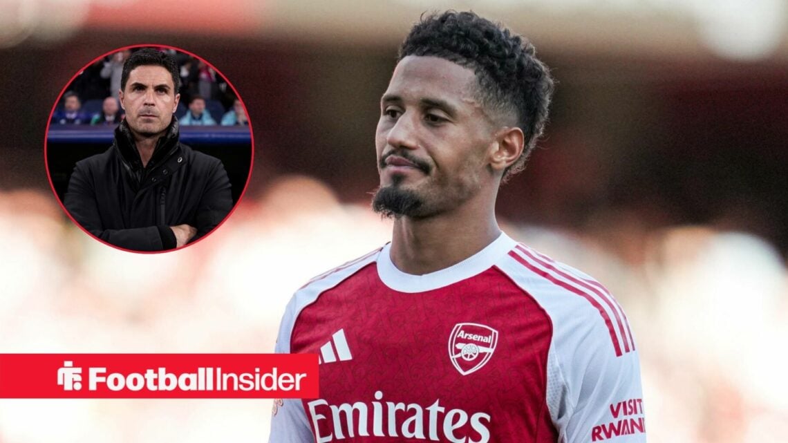 Mikel Arteta in a circular frame alongside an image of William Saliba in an Arsenal home shirt