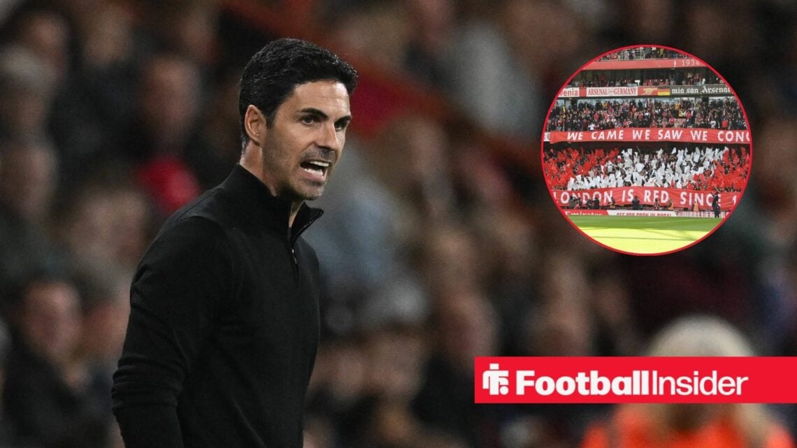 Mikel Arteta shouting in a black jumper and Arsenal fans in inset