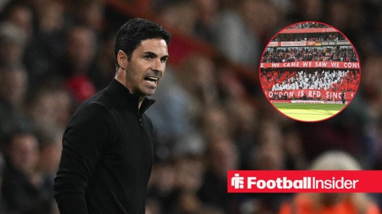Mikel Arteta shouting in a black jumper and Arsenal fans in inset