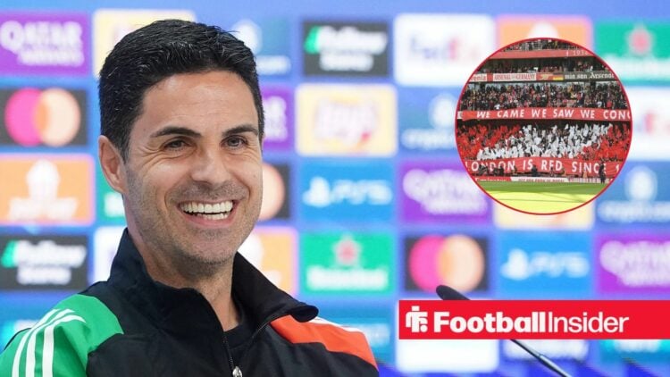 Mikel Arteta smiling and Arsenal fans in inset