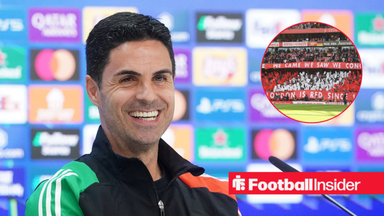 Mikel Arteta in a black tracksuit and Arsenal fans in a red circle