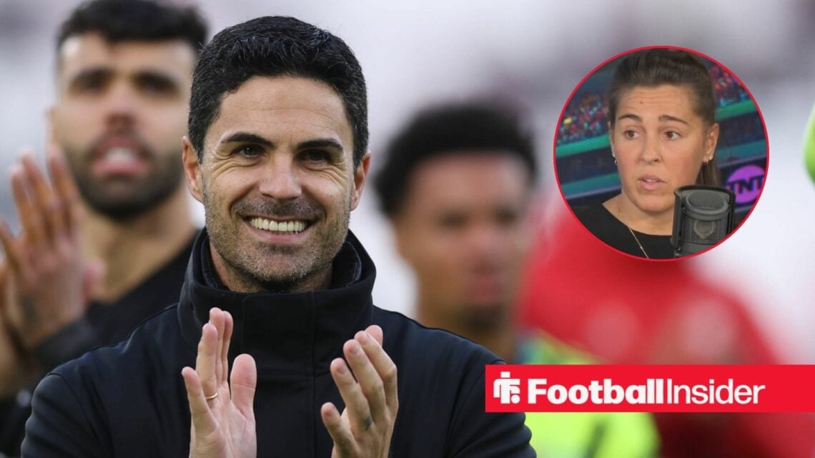 Mikel Arteta clapping in a black jacket and Fara Williams in inset