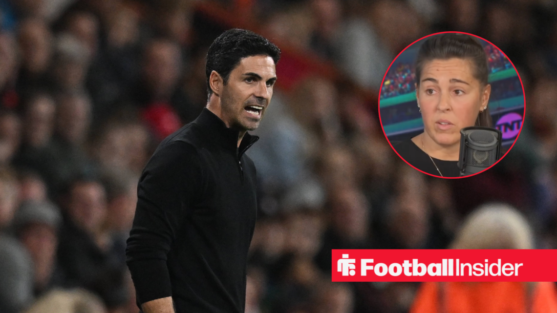 Mikel Arteta in a black jumper and Fara Williams in a black top