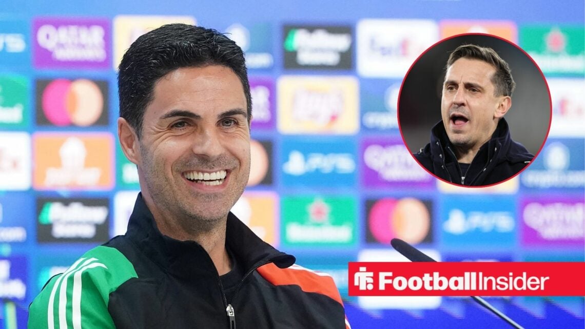 Mikel Arteta smiling and Gary Neville in inset