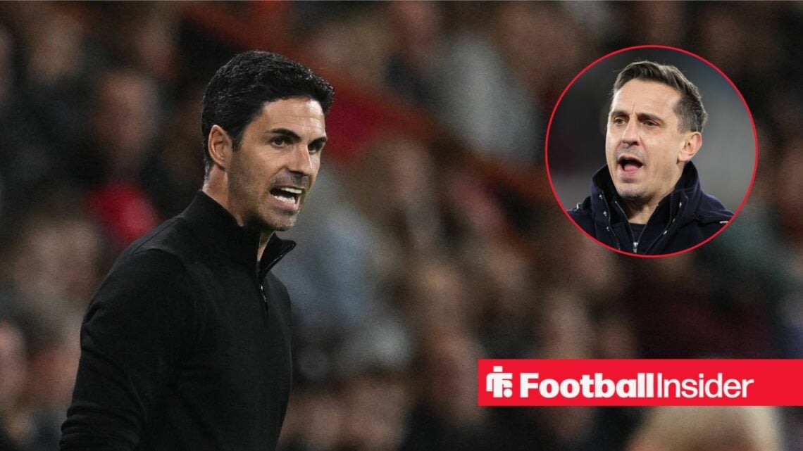 Mikel Arteta shouting in a black jumper and Gary Neville in inset